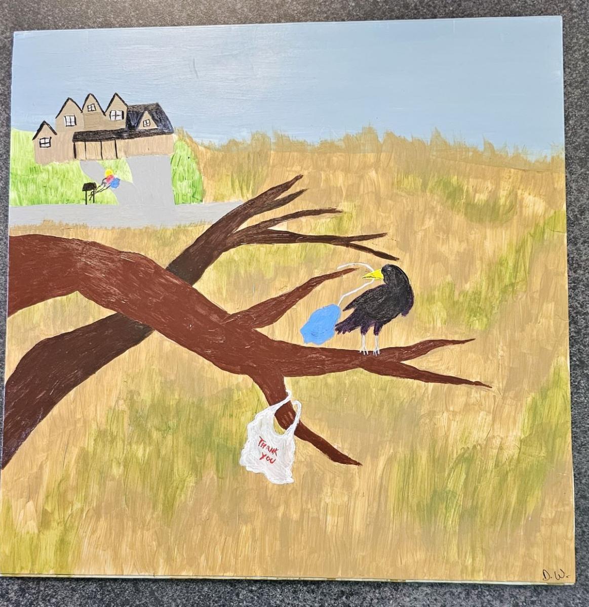 Illustration of bird on tree outside