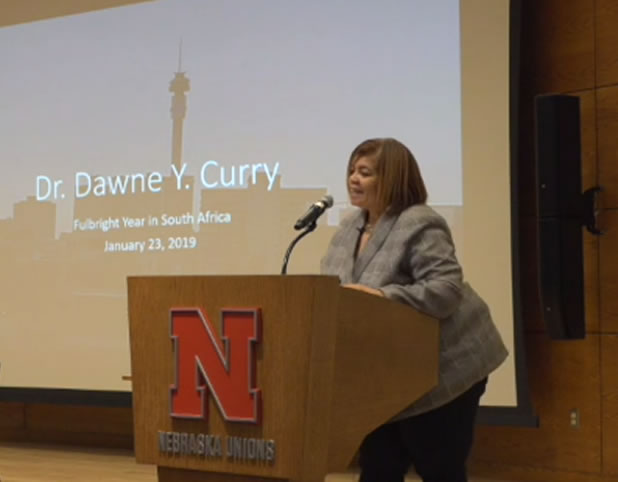 Photo Credit: Dawne Curry giving Fulbright lecture
