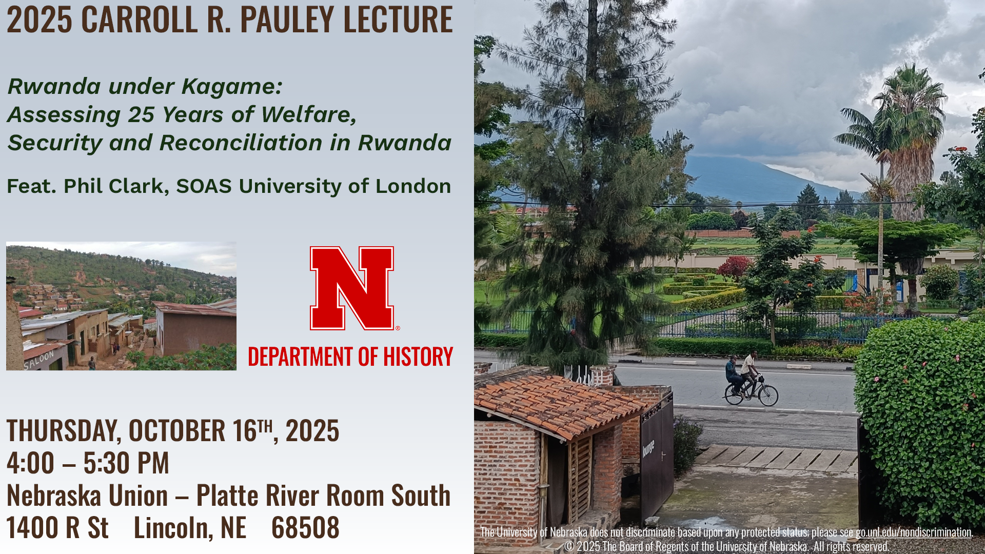 Poster for the 2025 Pauley Lecture, featuring two men on a bicycle in front of greenery and a distant mountain