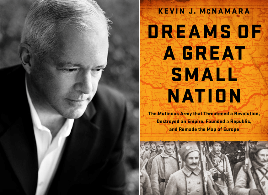 Author Kevin J. McNamara and the cover of his book Dreams of a Great Small Nation, featuring a greyscale photograph of the Czech Army